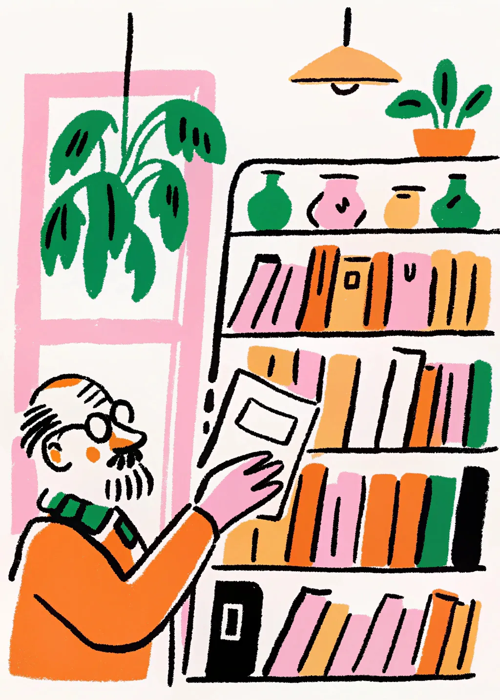 An elderly shopkeeper organizing colorful book spines on towering shelves,...