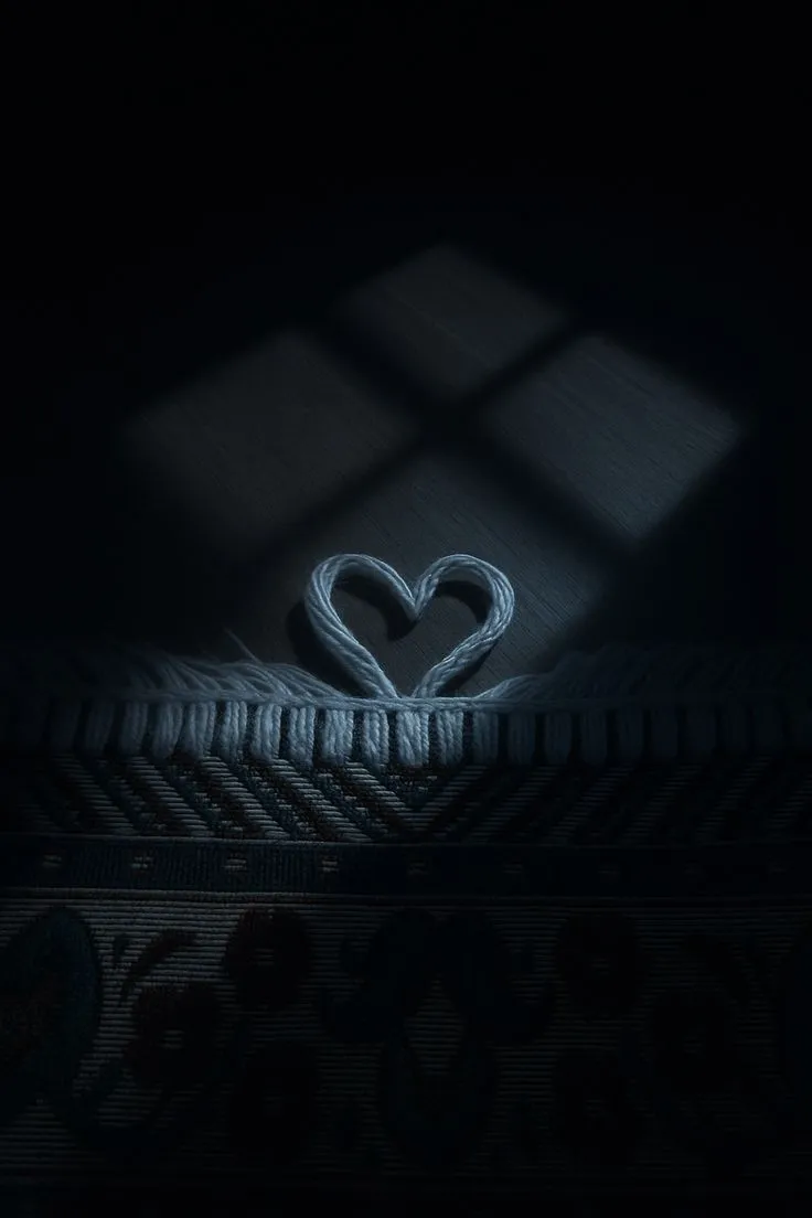 a heart shaped object sitting on top of a bed in the dark
