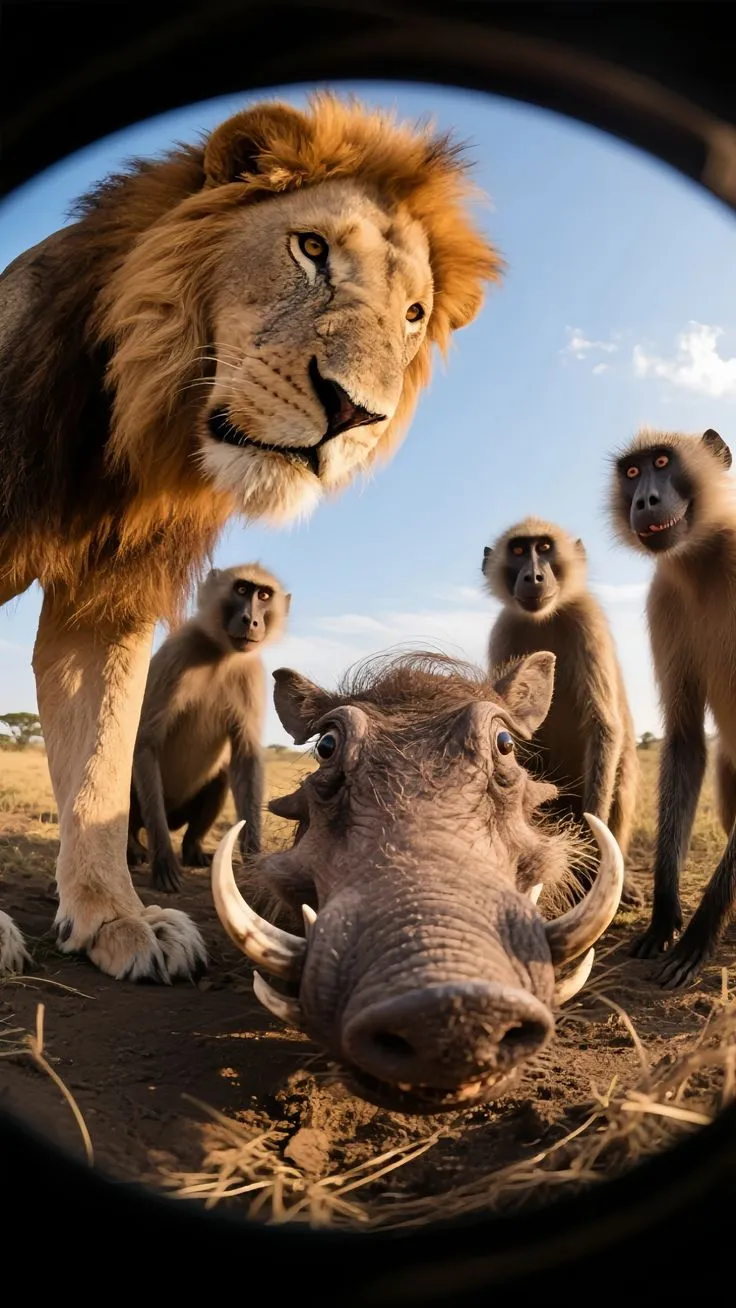 a group of monkeys standing next to a large animal on top of a dirt field