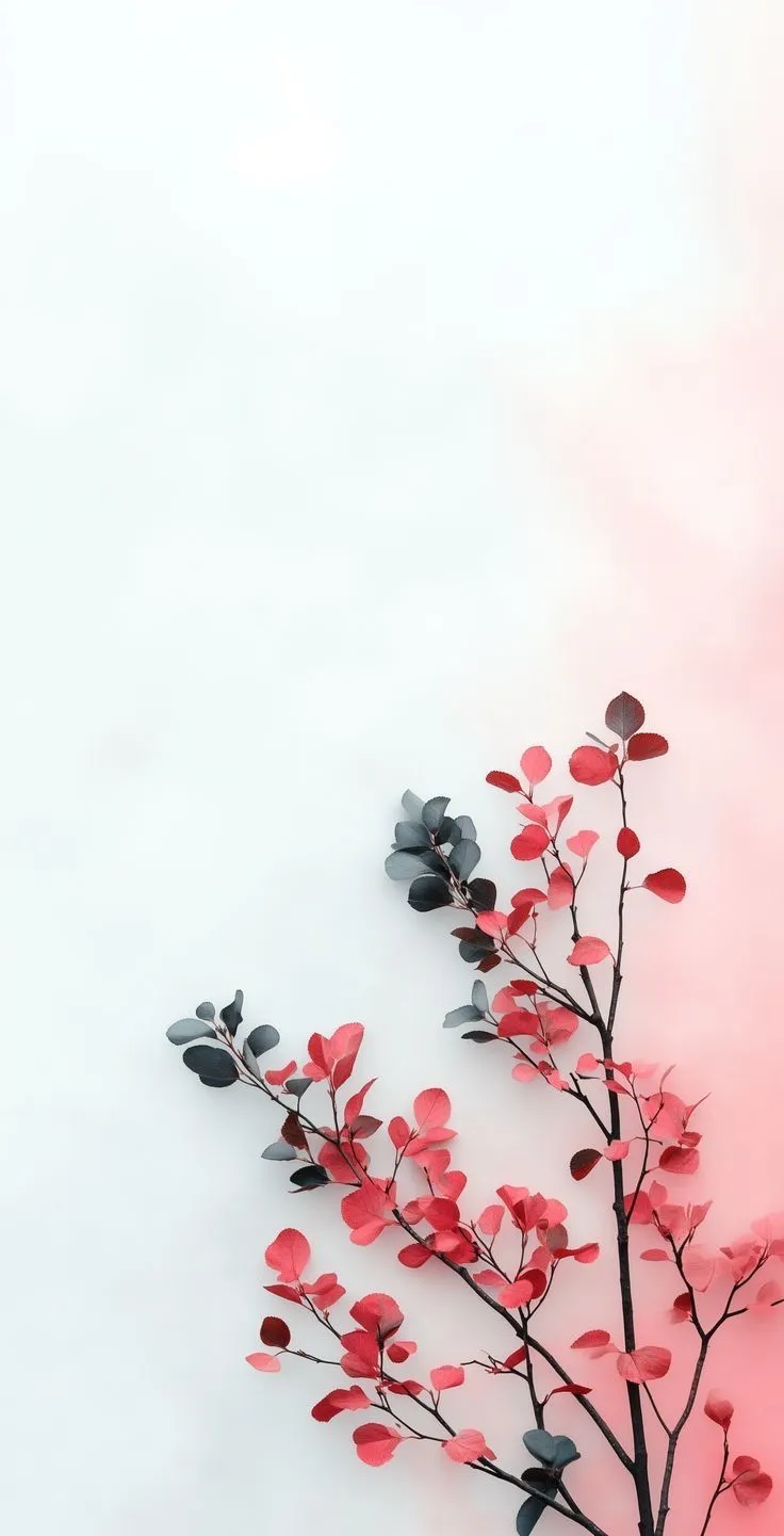 a branch with red leaves on it against a pink and white background that looks like something out of space