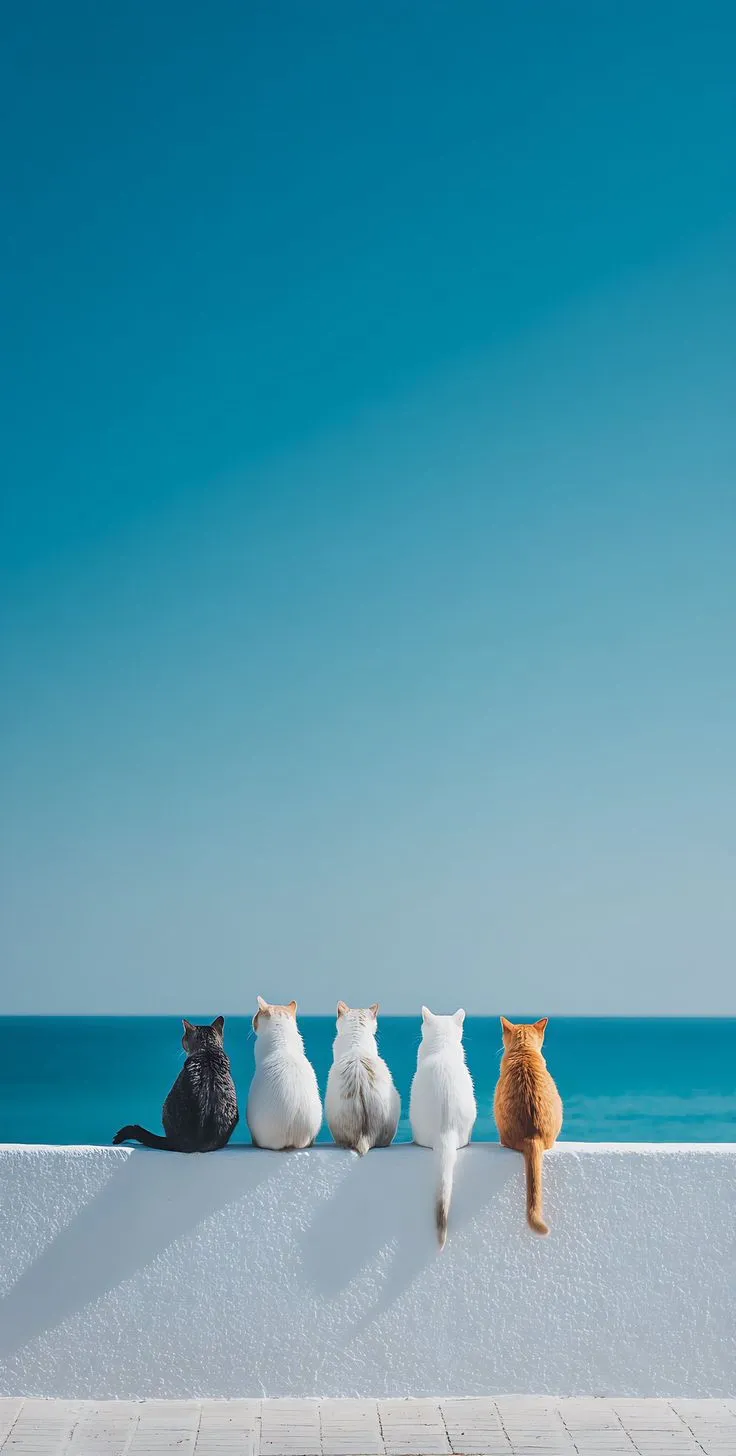 three cats sitting on the edge of a wall looking out at the ocean and blue sky