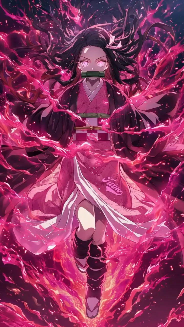 an anime character is surrounded by pink fire