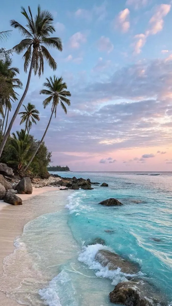 the beach is lined with palm trees and blue water