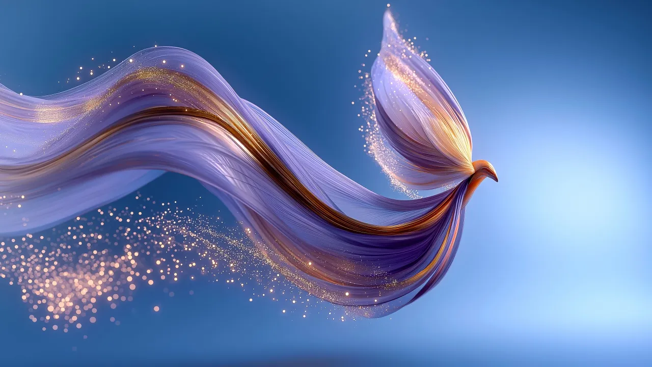 Abstract bird, Ribbons, Purple abstract, Blue background, Sparkles