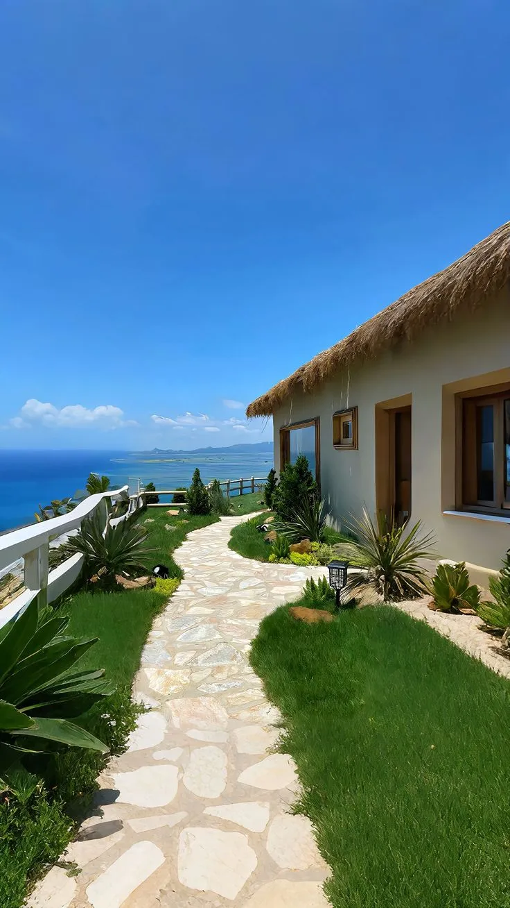 a pathway leading to a house with a thatched roof and ocean in the background