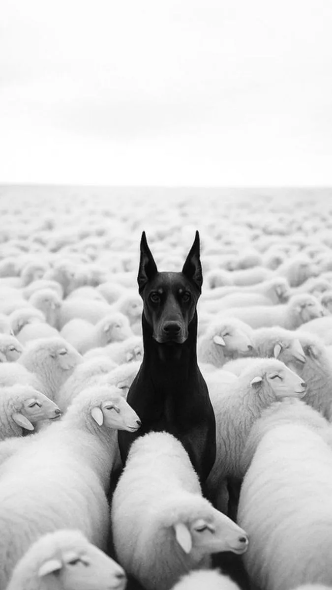 a dog is standing in the middle of a herd of sheep