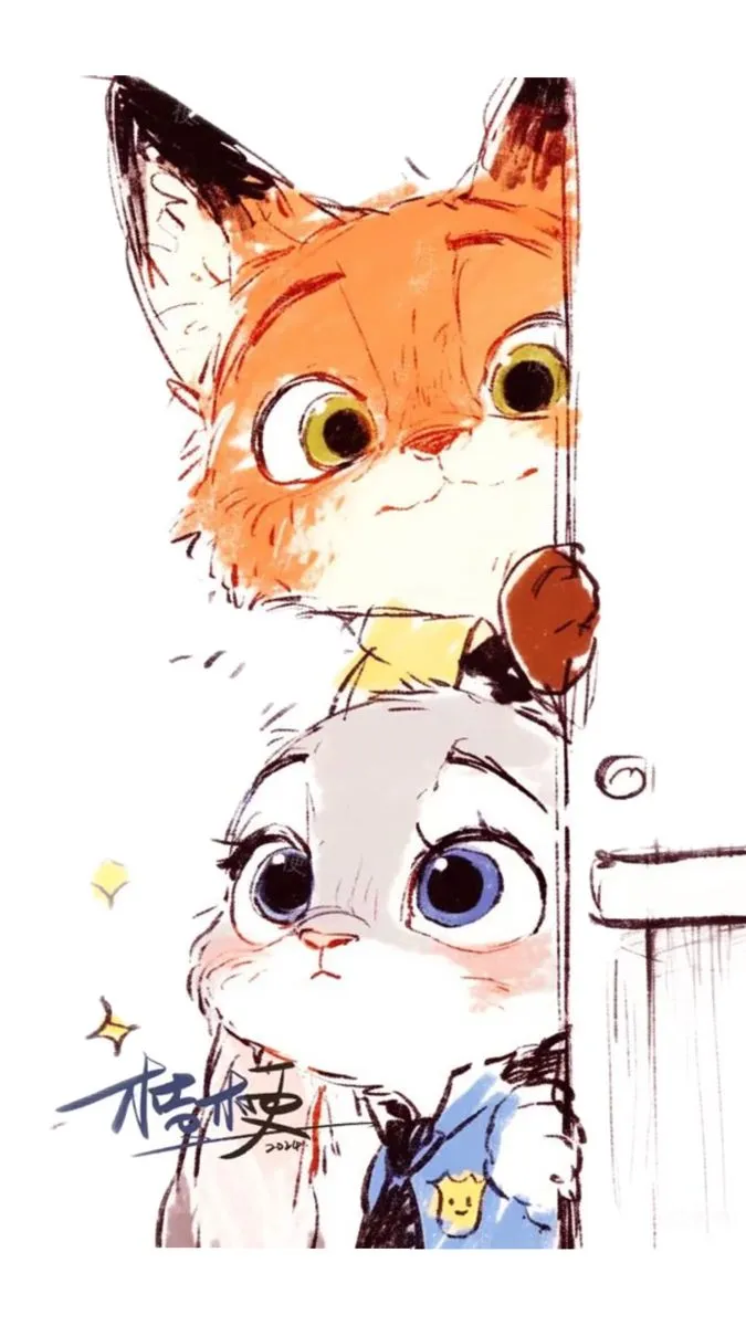 a drawing of a fox and a cat peeking out from behind a door