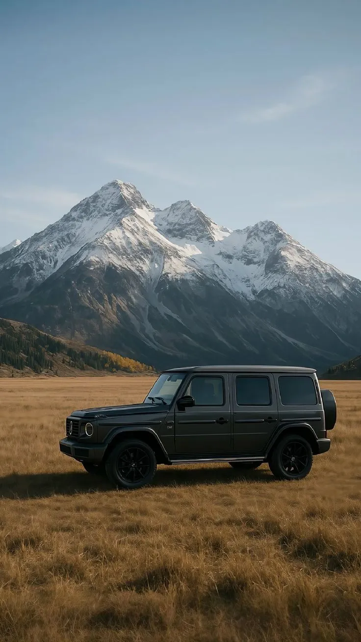 a black jeep is parked in the middle of a field with mountains in the background