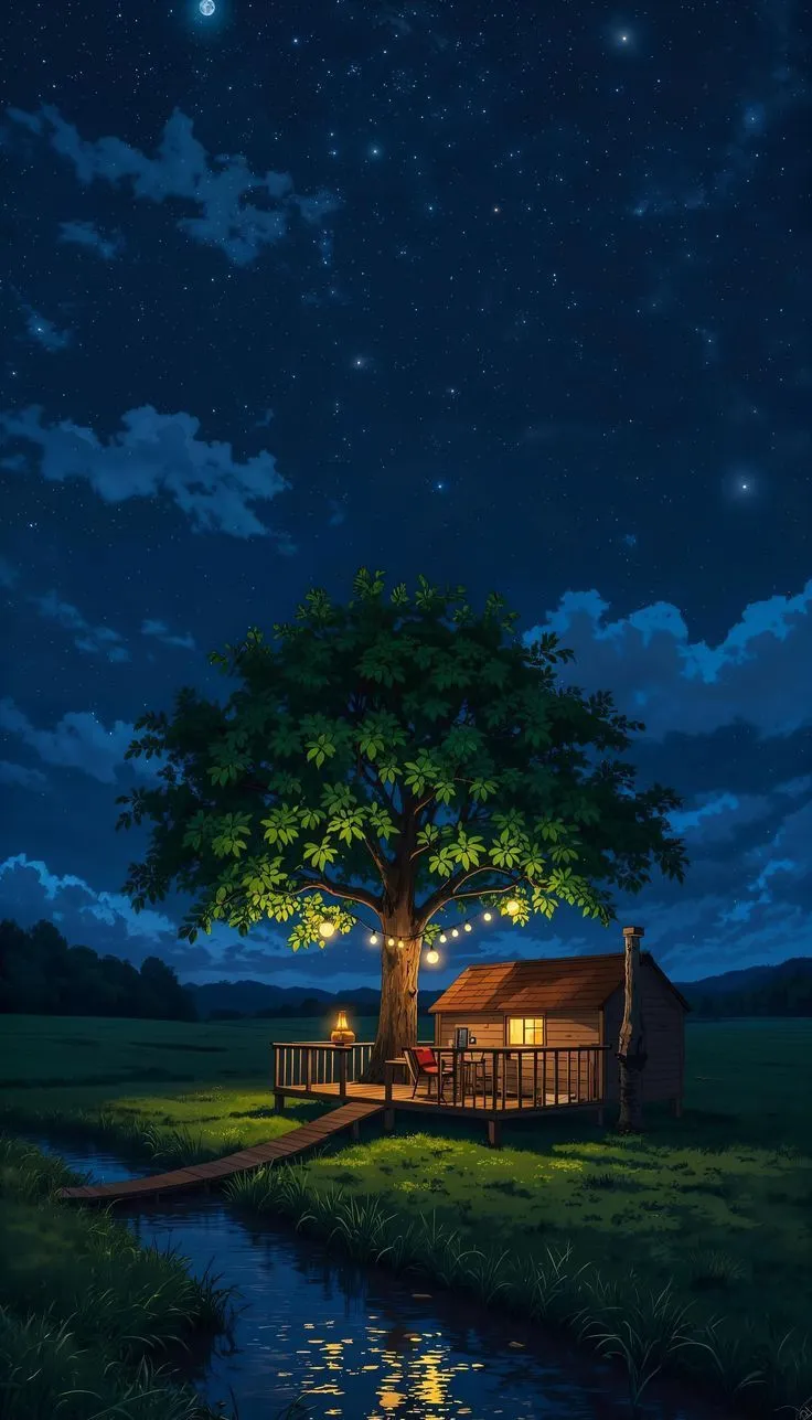 a painting of a tree and a house at night
