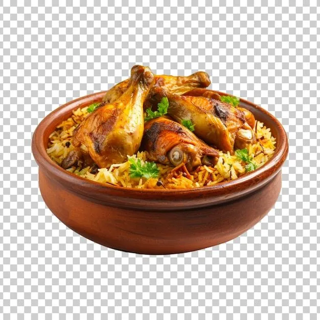 Uma tigela de biryani com pedaços de frango em um fundo transparente | PSD Premium gerado com IA