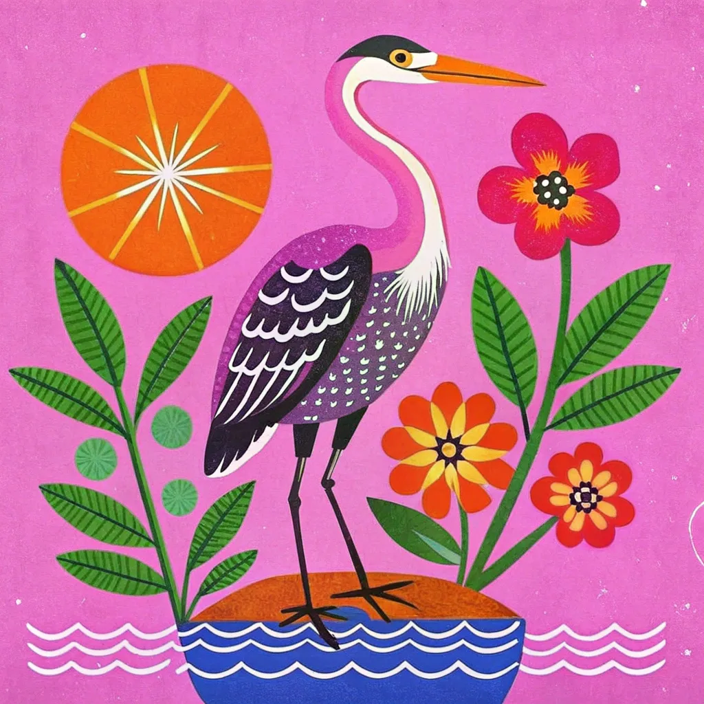 An elegant heron stands in shallow water, adorned with intricate...