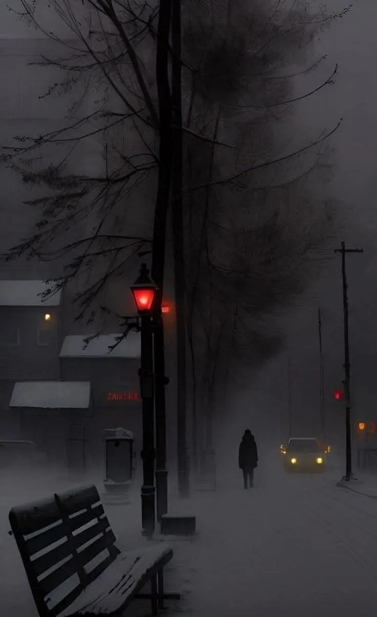 a bench sitting on the side of a snow covered road next to a street light