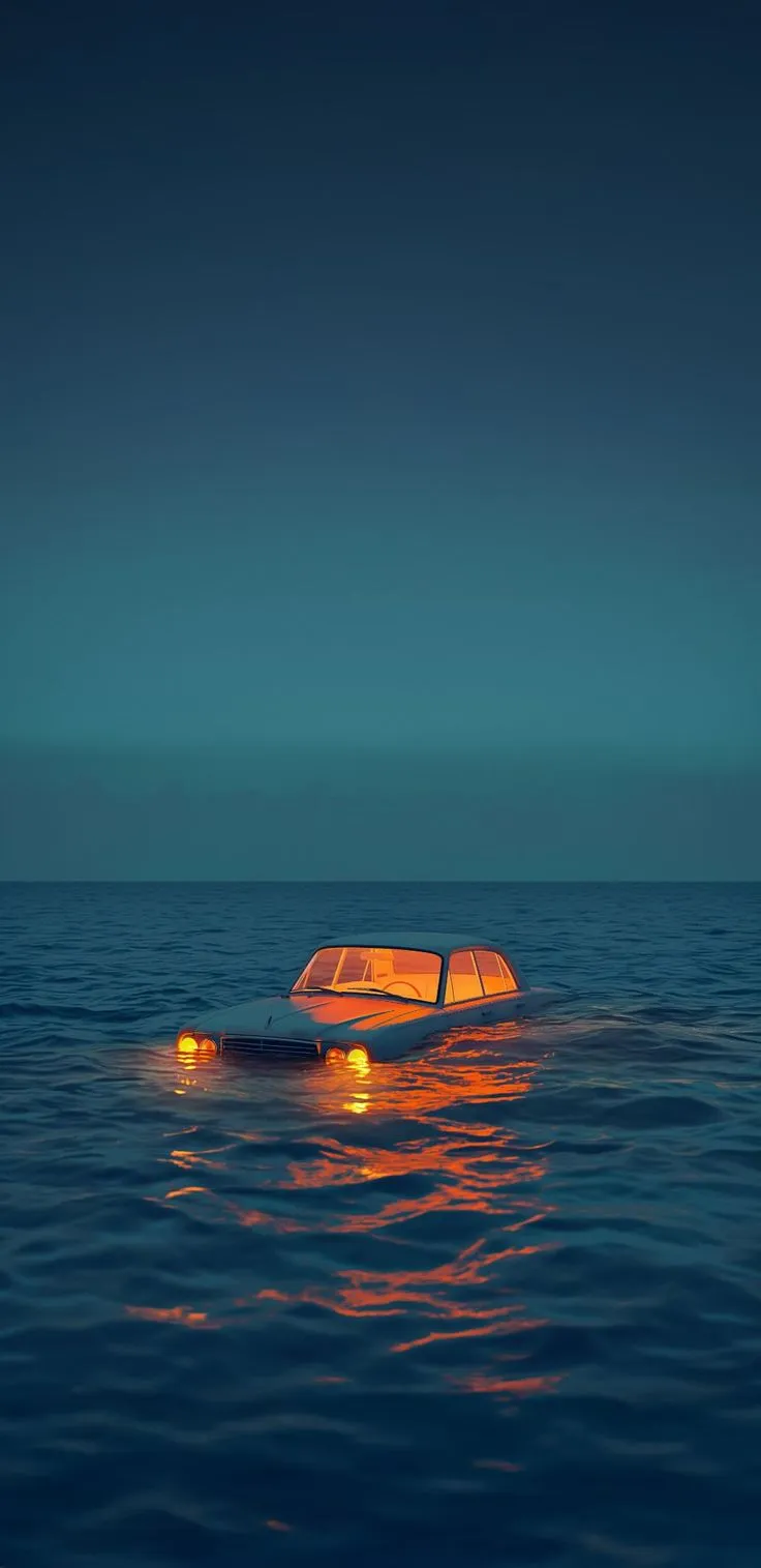 a car is floating in the ocean at night