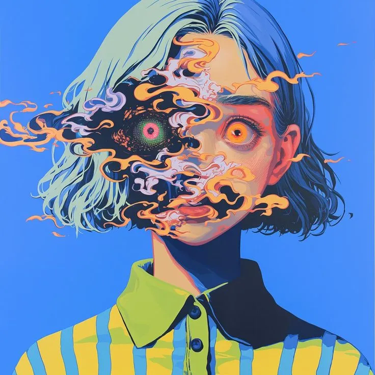 a painting of a man with his eyes open and hair blowing in front of him