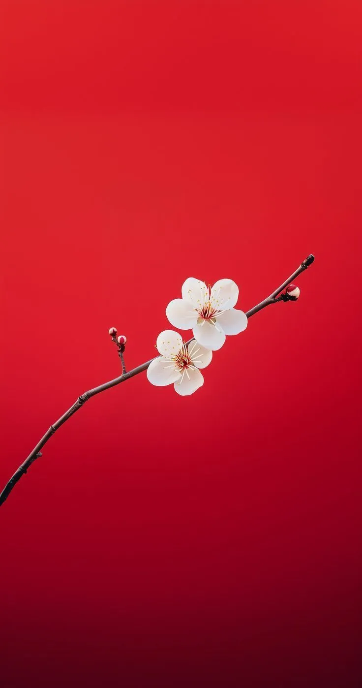 two white flowers are on a branch against a bright red background with copy - space