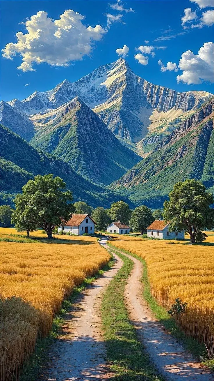 a painting of a country road leading to a house in the middle of a wheat field