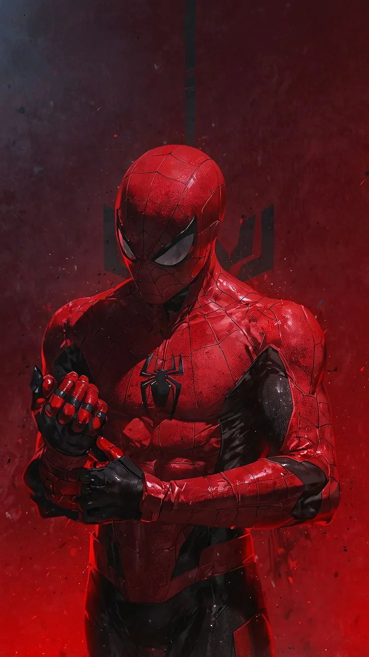 a spider - man standing in front of a red background with his arms crossed and eyes closed