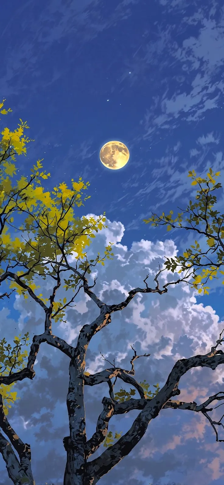 the moon shines brightly in the blue sky above some trees and branches with yellow leaves