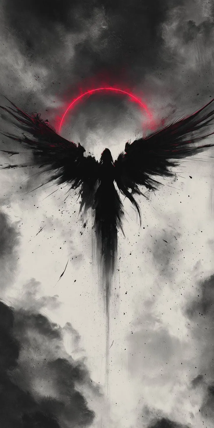 an artistic black and white painting of a bird flying through the sky with red light