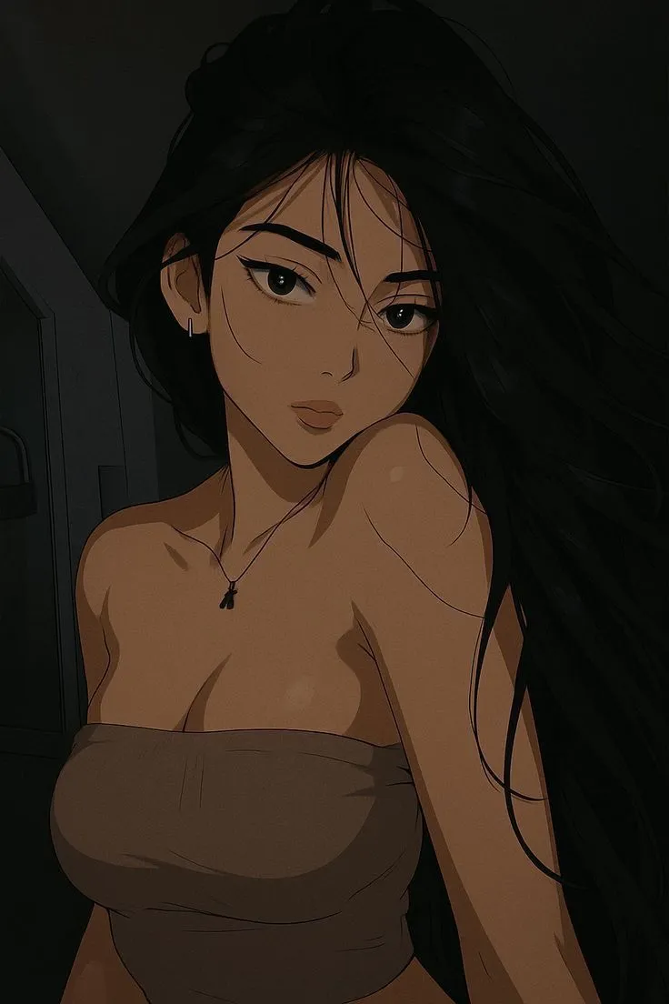 a woman with long black hair and no shirt is standing in front of a mirror