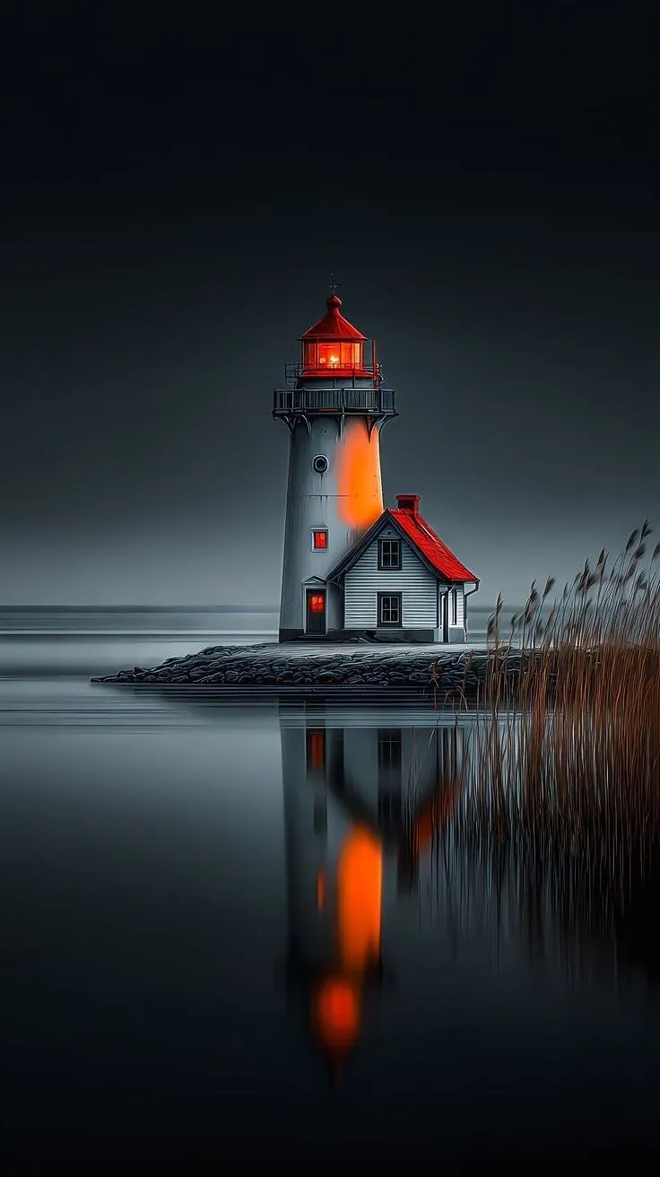 a red and white light house sitting on top of a body of water at night