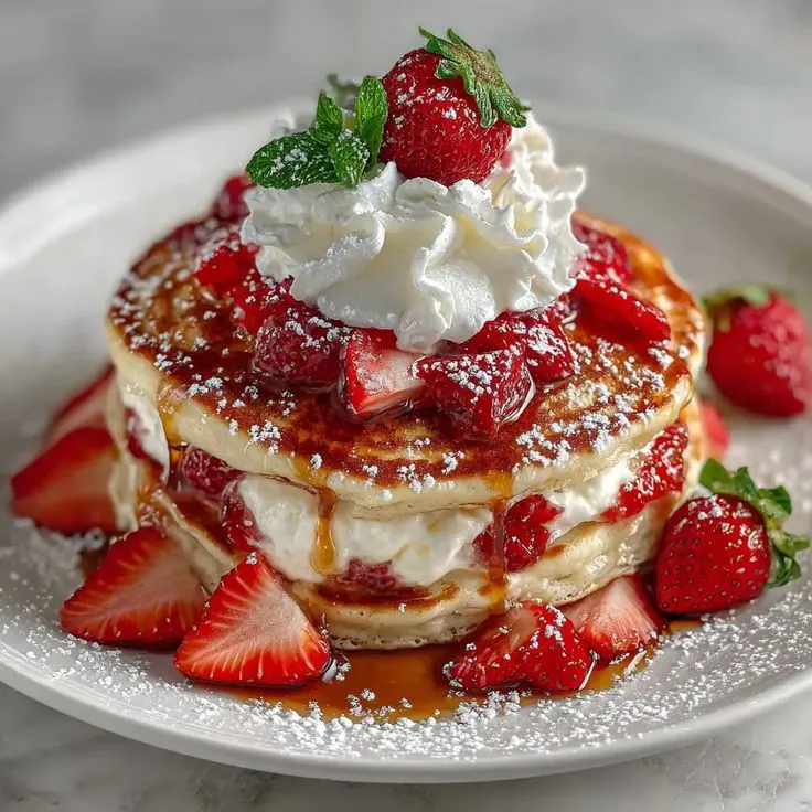 Fluffy Strawberry Cheesecake Pancakes - Meatydelights