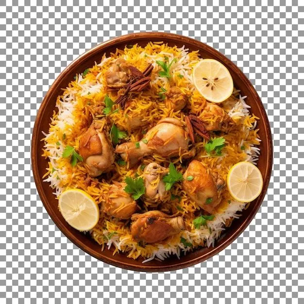 Bowl of biryani with chicken pieces and a lemon top view on transparent background | Premium AI-generated PSD