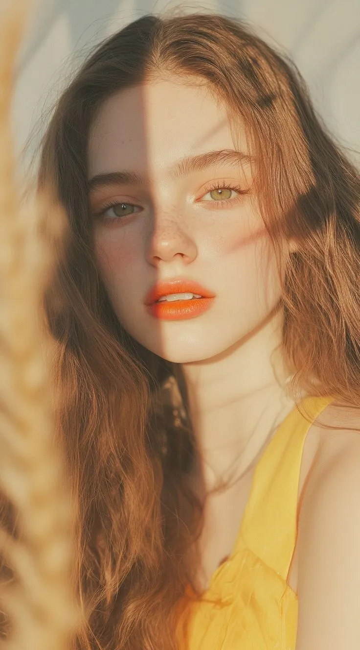 a woman with long hair and bright orange lipstick