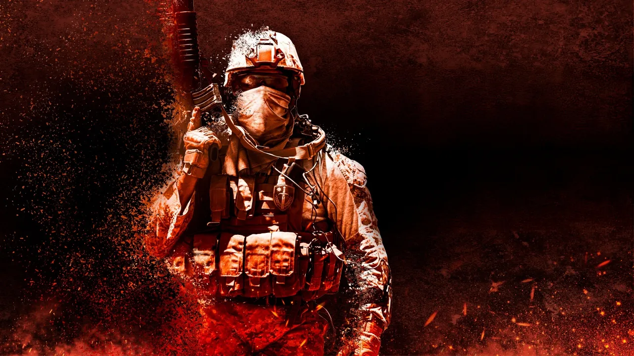 Soldier, Tactical gear, Fire effect, Intense, Dark red