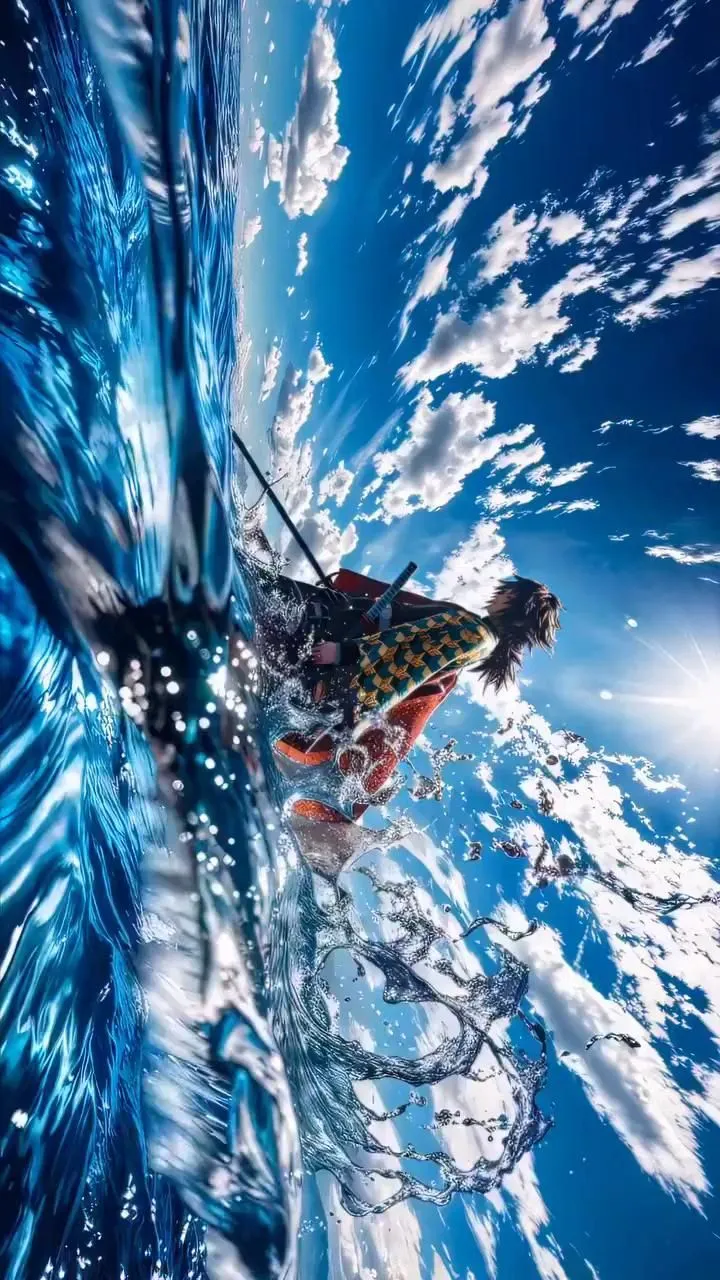 a man riding skis on top of a wave in the blue ocean with clouds