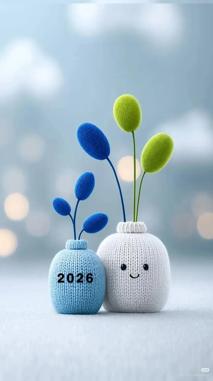 two knitted vases with plants in them sitting side by side on a table