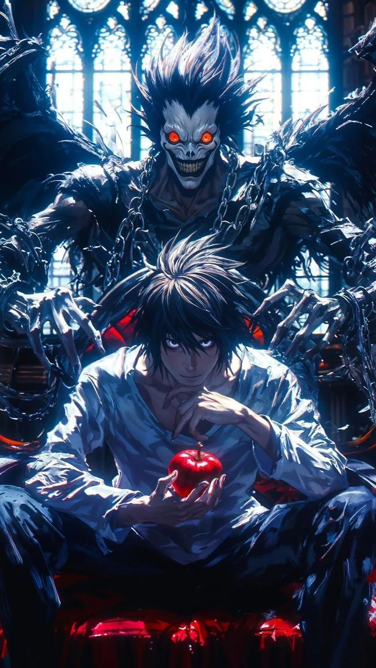 two anime characters sitting on a bench in front of a stained glass window, one holding an apple