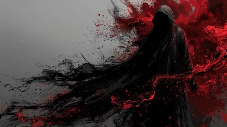 a woman in black and red is standing with her head covered by blood on the ground