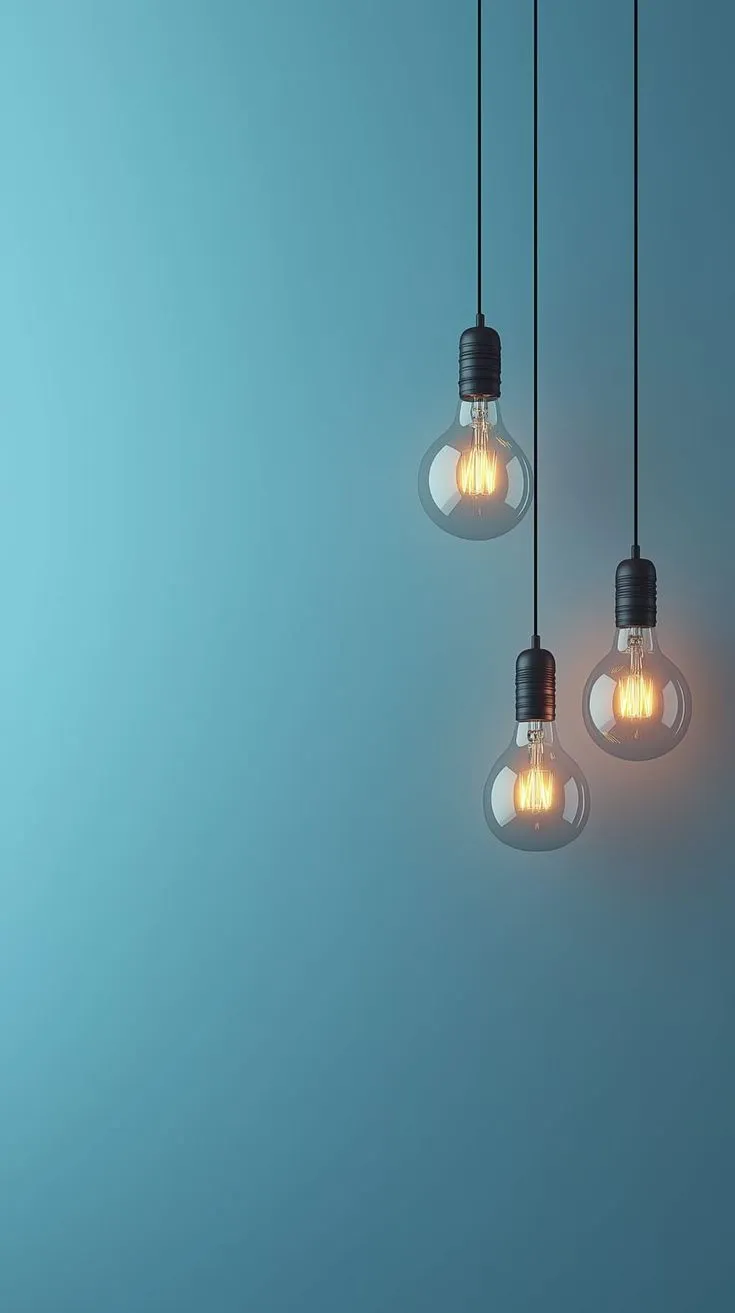 three light bulbs are hanging from the ceiling