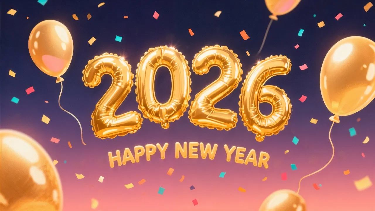 Happy New Year 2026, Confetti, Balloons, New Year celebrations, Golden letters, Golden text