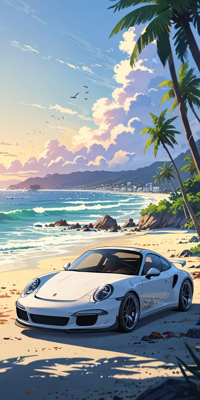 a white sports car parked on top of a sandy beach next to the ocean and palm trees