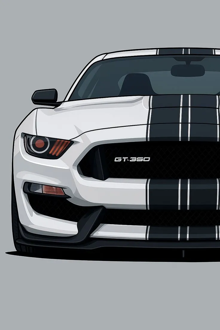 the front end of a white mustang with black stripes