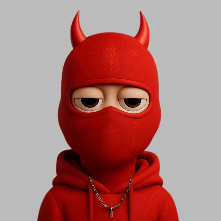 a cartoon character wearing a red hoodie with horns on his head and eyes, standing in front of a gray background