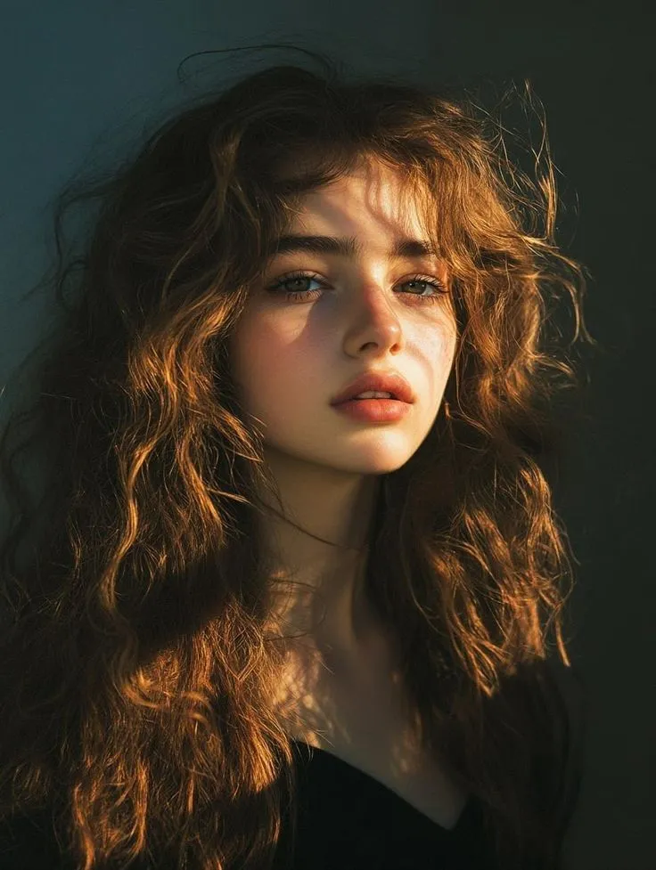 a woman with long brown hair is looking at the camera and has her eyes closed