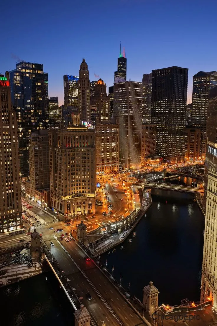 an aerial view of the city at night