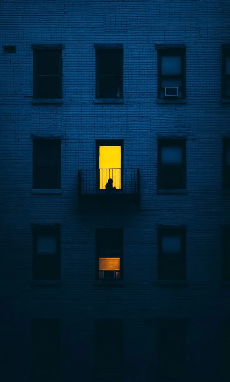 a person standing on a balcony at night looking out the window
