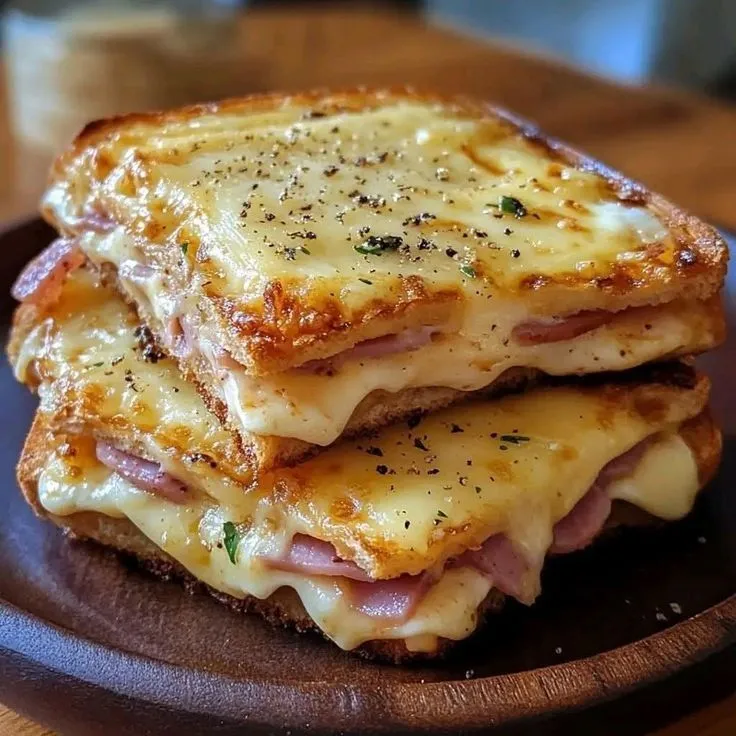 two slices of ham and cheese sandwich stacked on top of each other in a plate