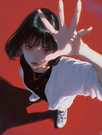 a woman with black hair and white shirt holding her hands up in the air while sitting on a red surface