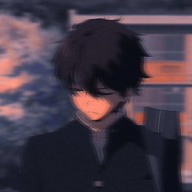 an anime character with black hair standing in front of a building