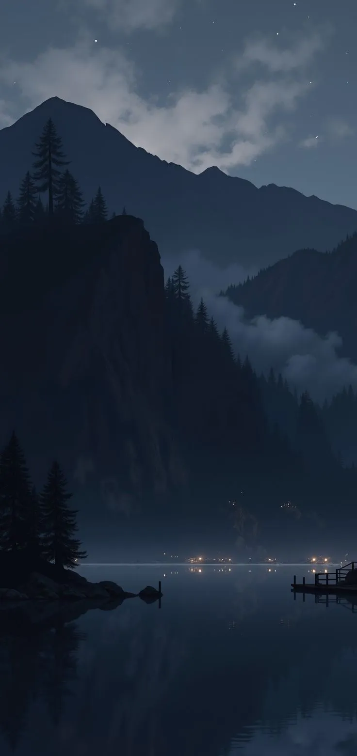 a lake with mountains in the background at night