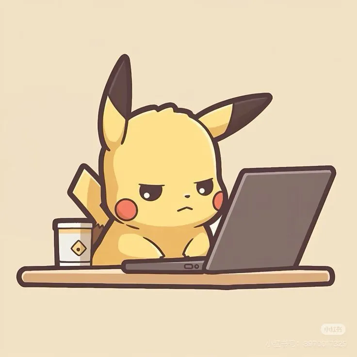 a cartoon pikachu sitting in front of a laptop on a table with a coffee cup