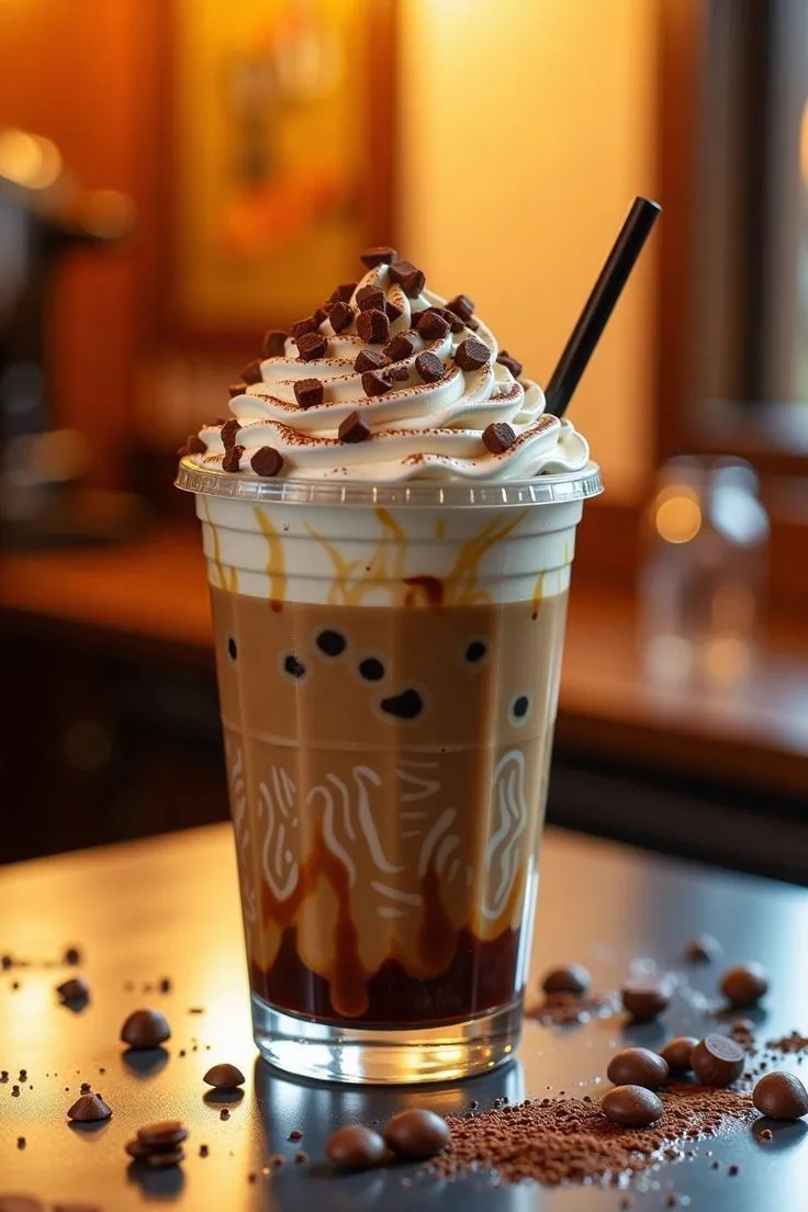 there is a drink with whipped cream and chocolate chips on the table