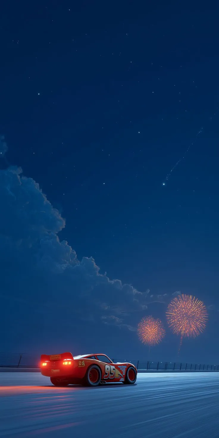a red sports car is parked in the snow at night with firework behind it