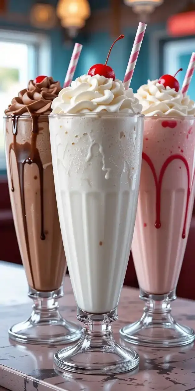 three milkshakes sitting on top of a table covered in whipped cream and chocolate