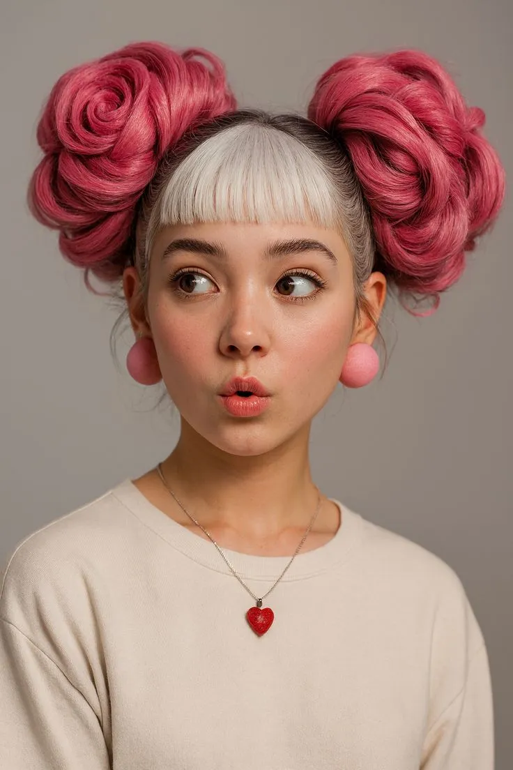 a woman with pink hair and heart shaped earrings on her head looking at the camera